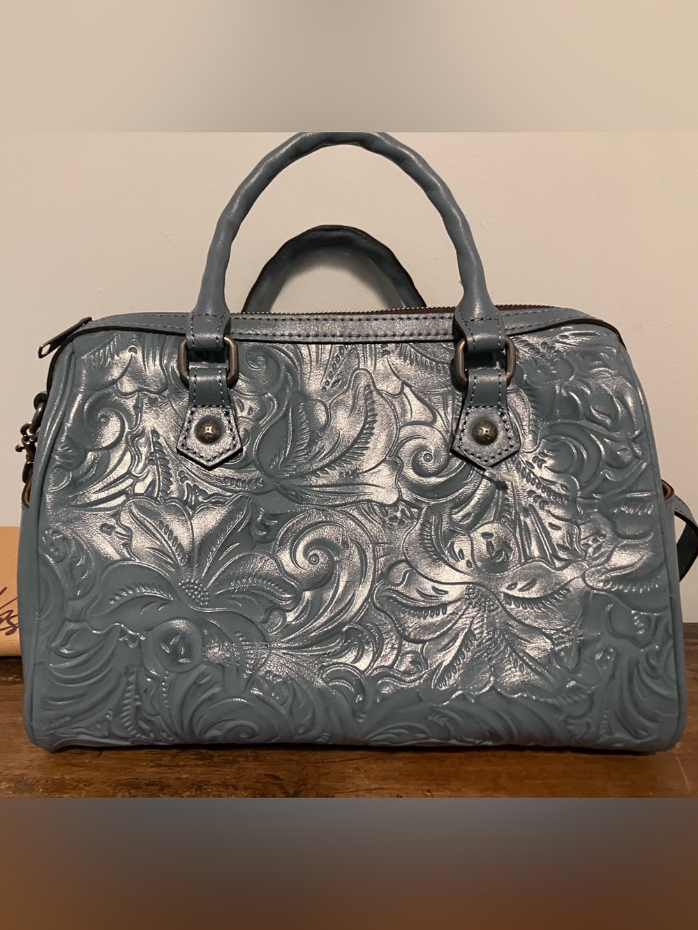 Patricia Nash Skye satchel in safflower blue tooled leather